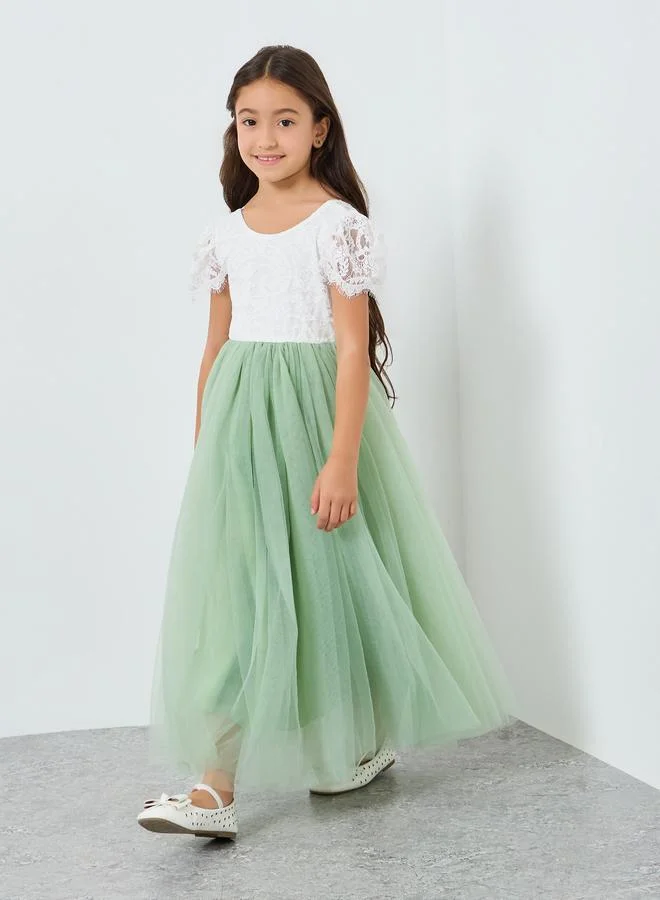 تايك تو فستان طويل بناتي تول ودانتيل أخضر بأكمام منفوخة